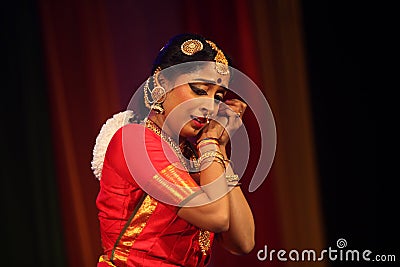 Bengaluru, INDIA â€“ October 30,2019: A young bharatnatyam dancer performs during `Sthreeratnaâ€™ Editorial Stock Photo